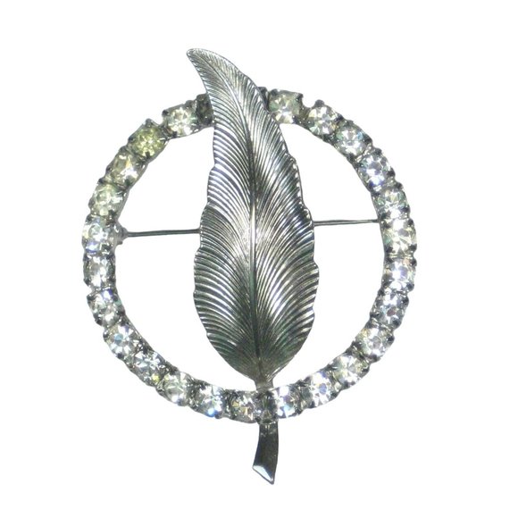 Circle Leaf Ring Brooch Pin Silvertone Vintage Jewelry 2.1 inch Women Rhinestone - Picture 1 of 5